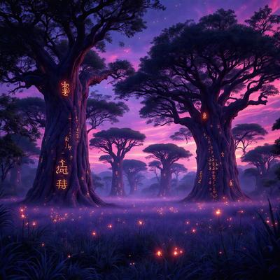 The primary subject of the image is a forest with a purple sky, featuring a group of trees with Chinese characters written on them. The setting is a forest with a purple sky, and the visual style appears to be a combination of a photo and digital art. The colors and mood of the image are predominantly purple, creating a serene and mystical atmosphere.